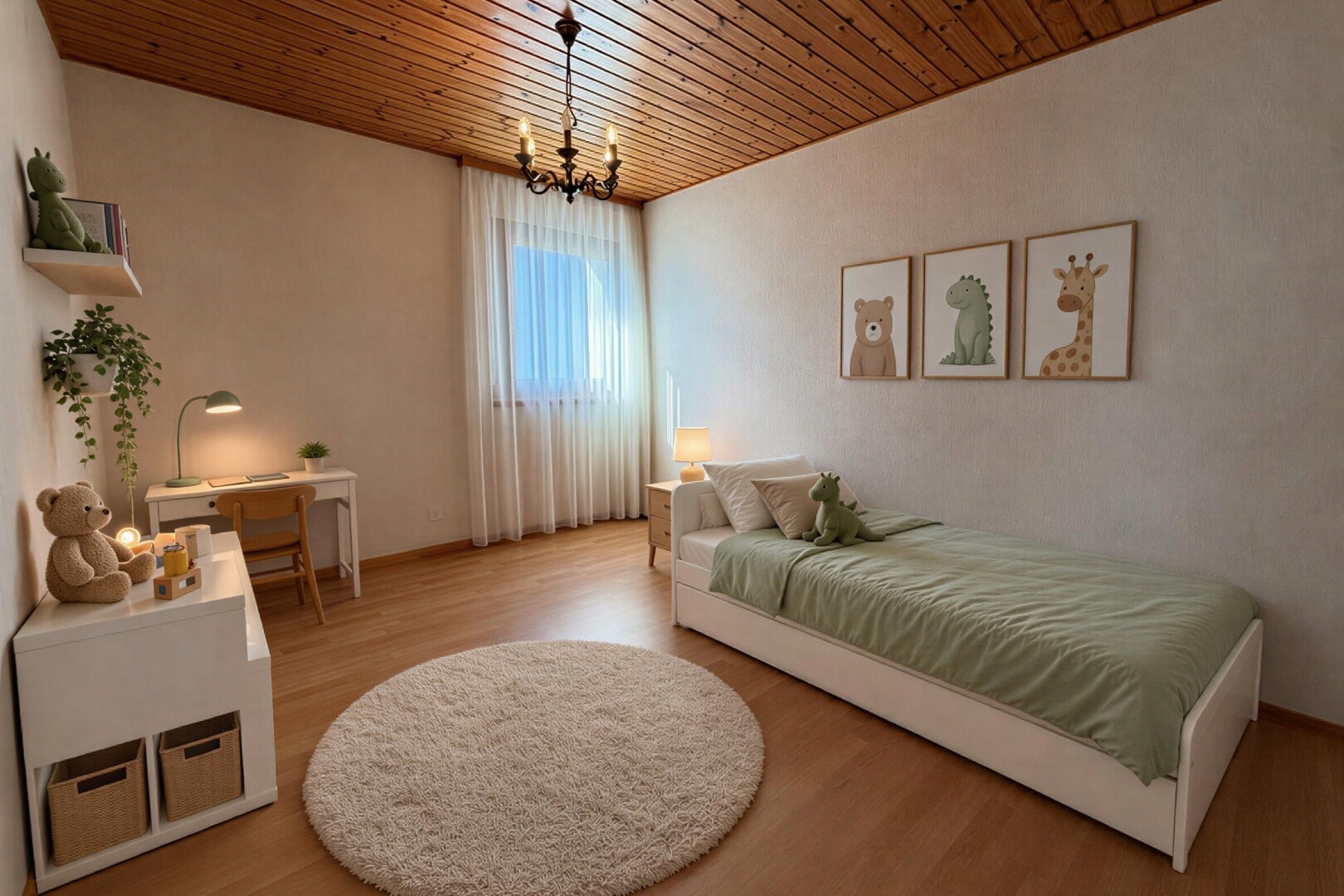 pièce vide avec sol en finition bois, wood finish floor, plafond en bois, wood ceiling, et lumière naturelle