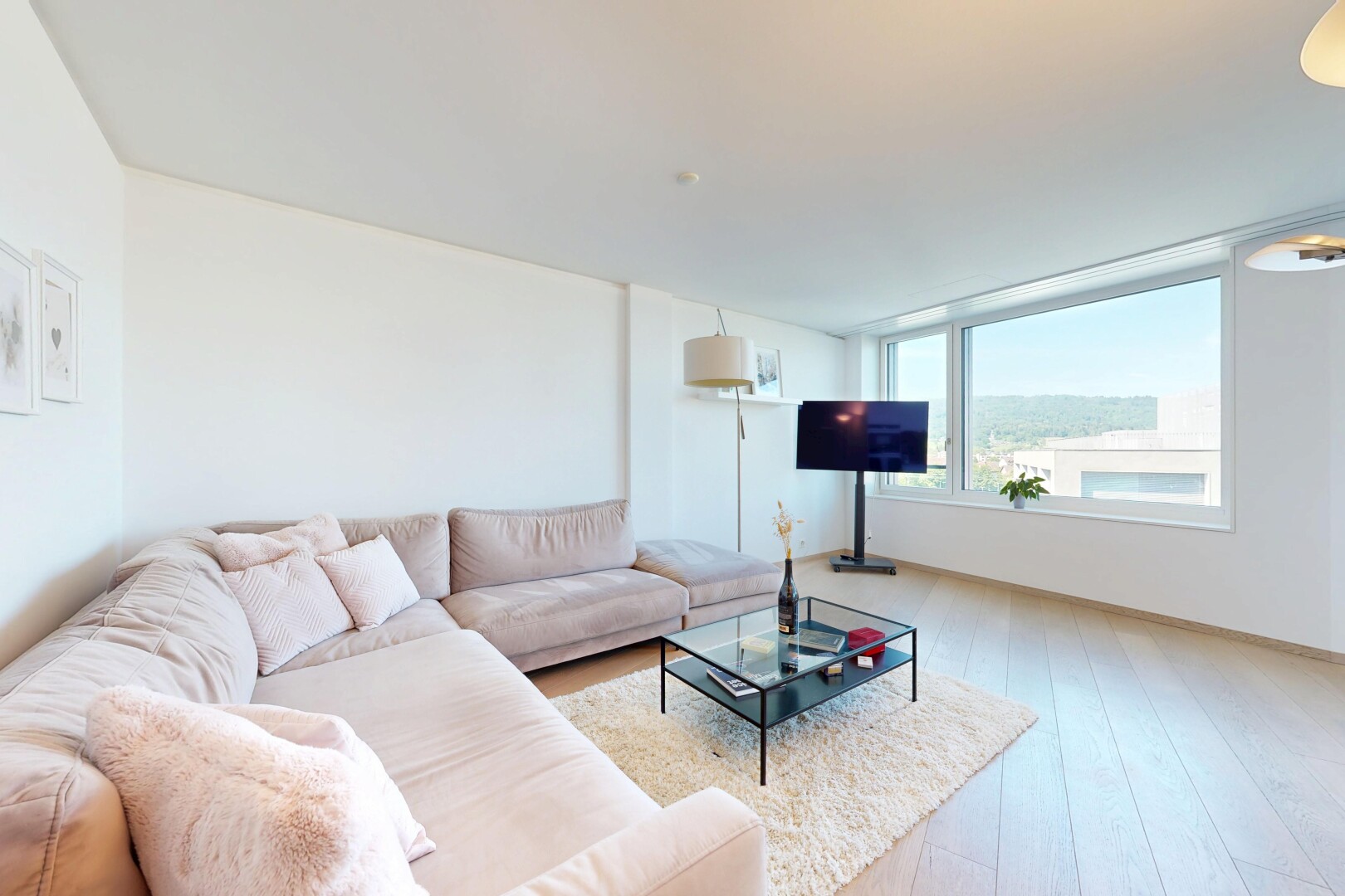 salon avec inside property, sol en finition bois, wood finish floor, télévision, et cloison sèche