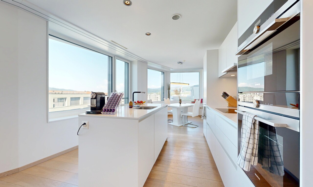 cuisine avec flat panel cabinets, armoires à panneau plat, four double, white cabinets, et armoires blanches