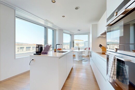 cuisine avec flat panel cabinets, armoires à panneau plat, four double, white cabinets, et armoires blanches