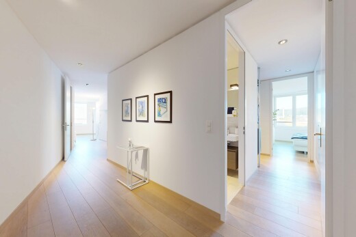couloir avec sol en finition bois, wood finish floor, lumière naturelle, natural light, et inside property