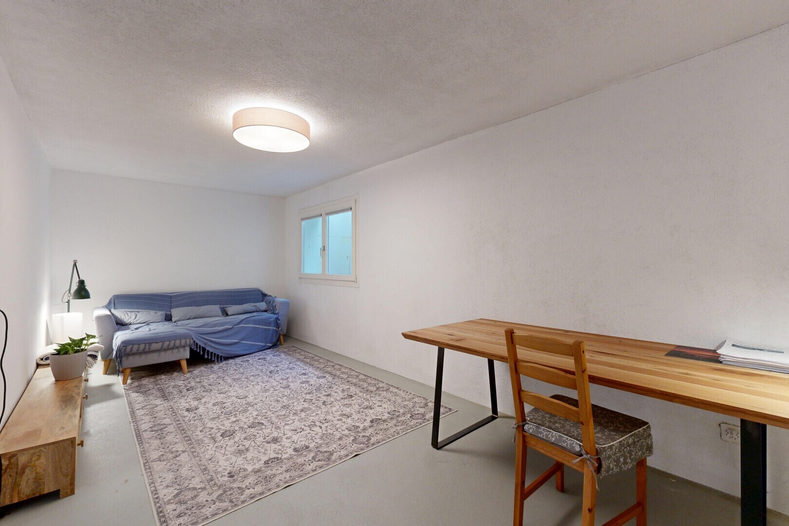 wohn- / esszimmer mit natürliches licht, concrete floor, betonboden, drywall, und gipskartonwand