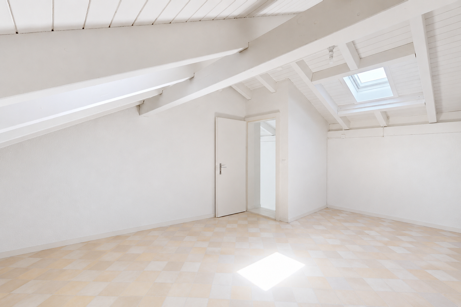 leerer raum mit dachfenster, vinyl floor, vinylboden, vaulted ceiling, und dachschräge