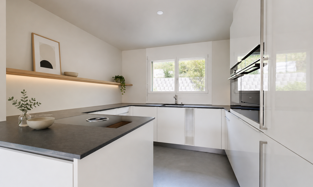 küche mit dark countertops, arbeitsplatten, kitchen peninsula, küchentheke, und finished concrete floor