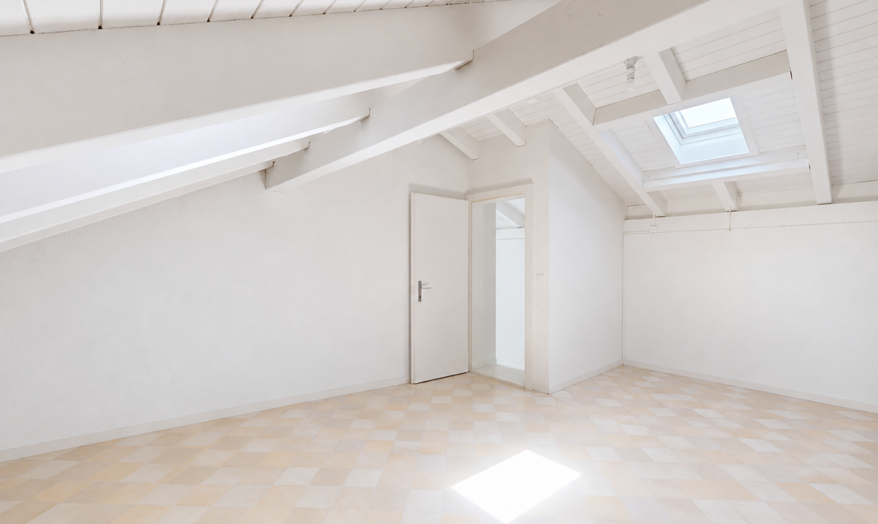 leerer raum mit dachfenster, vinyl floor, vinylboden, vaulted ceiling, und dachschräge