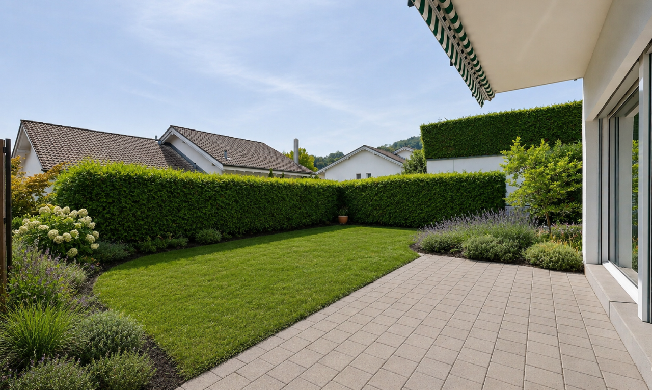 garten mit rasen, terrasse, from property, und day time