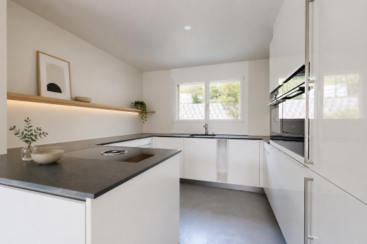 küche mit dark countertops, arbeitsplatten, kitchen peninsula, küchentheke, und finished concrete floor