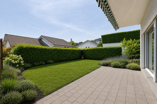 garten mit rasen, terrasse, from property, und day time