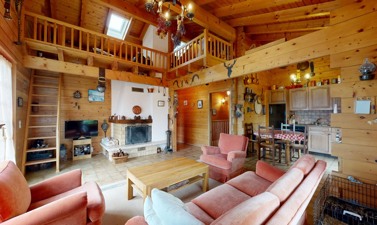 salon avec mur en bois, wood wall, inside property, plafond haut, et high ceiling