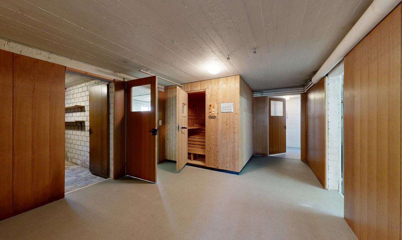 hall featuring wooden walls, a sauna, and carpet flooring