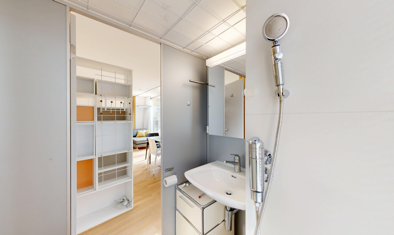 salle de bains avec miroir, inside property, wood finish floor, sol en finition bois, et drywall