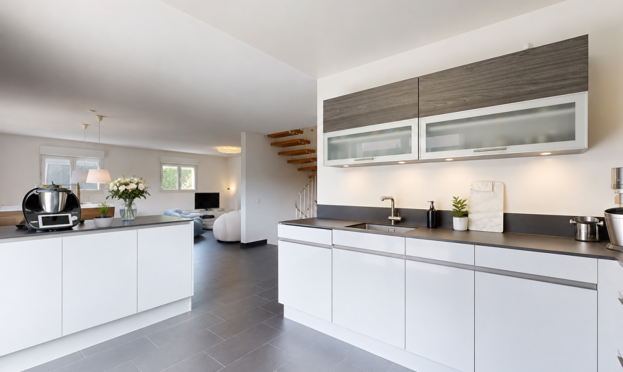 cuisine avec dark countertops, plans de travail, escaliers, évier, et drywall