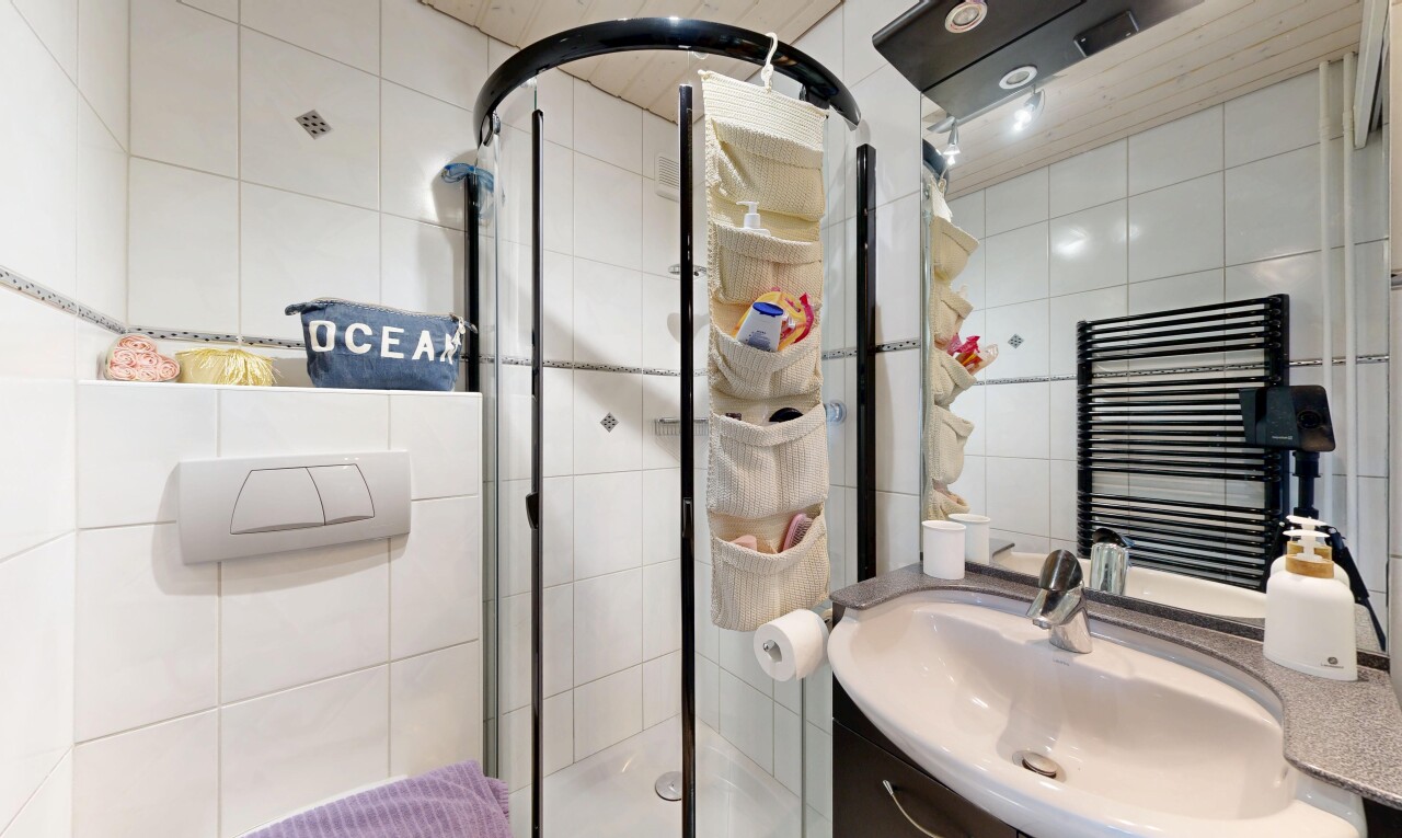 salle de bains avec miroir, salle de bain complète, radiateur, douche, et mur en carrelage