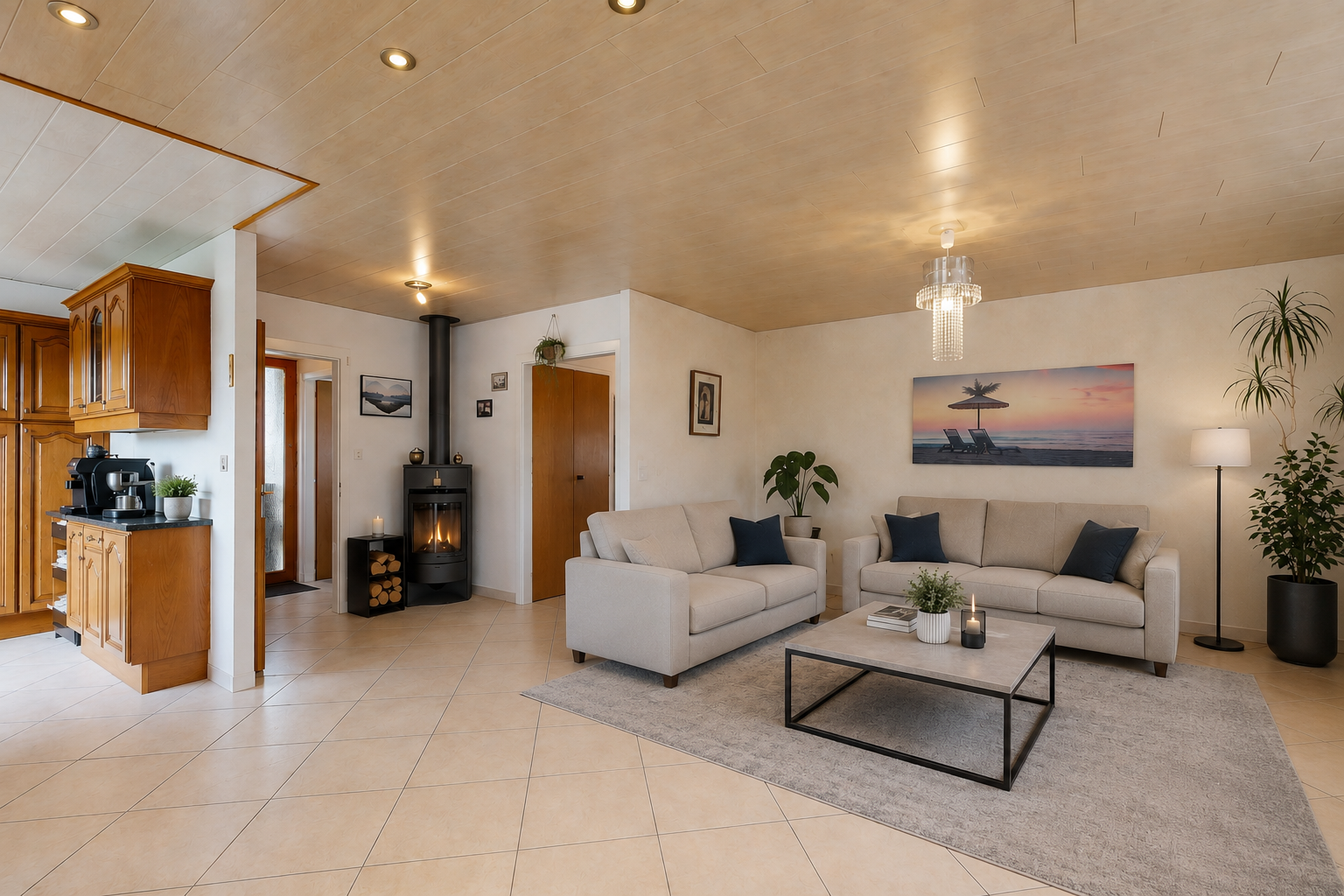salon avec light floor, inside property, cloison sèche, drywall, et sol en carrelage