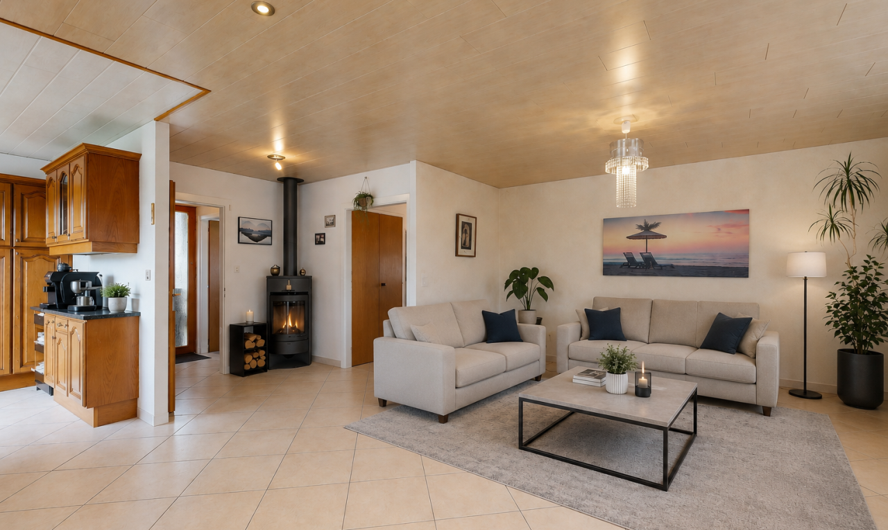 salon avec light floor, inside property, cloison sèche, drywall, et sol en carrelage