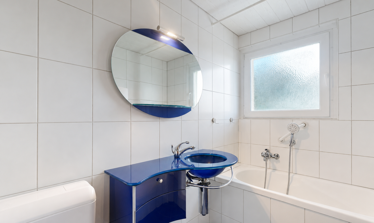 salle de bains avec miroir, tile wall, mur en carrelage, bain, et natural light
