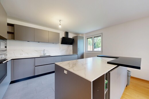 küche mit graue schränke, schränke mit flachen paneelen, dunstabzugshaube, natural light, und natürliches licht