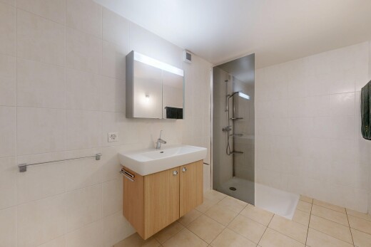 bad mit fliesenwand, tile wall, spiegel, dusche, und schminktisch