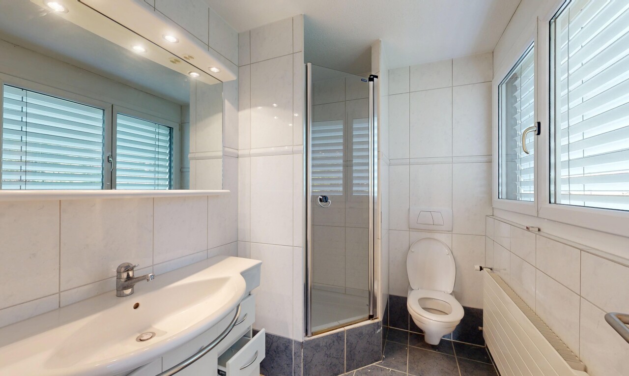 salle de bains avec mur en carrelage, tile wall, radiateur, lavabo (ou coiffeuse selon le contexte), et salle de bain complète