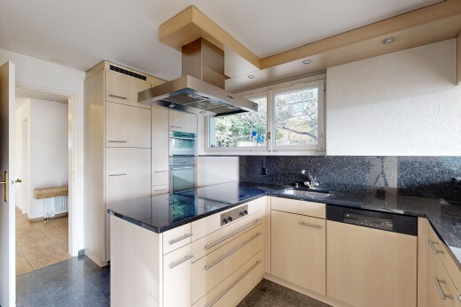 cuisine avec hotte, lumière naturelle, natural light, lave-vaisselle, et inside property