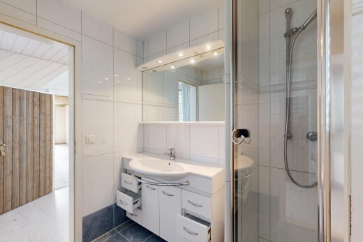 salle de bains avec lavabo (ou coiffeuse selon le contexte), mur en carrelage, tile wall, miroir, et salle de bain complète