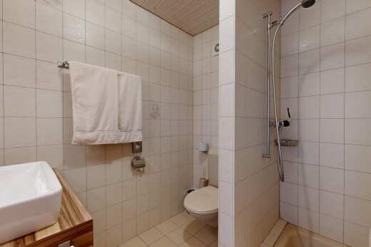 bad mit toilette, waschbecken, dusche, fliesenwand, und komplettes badezimmer