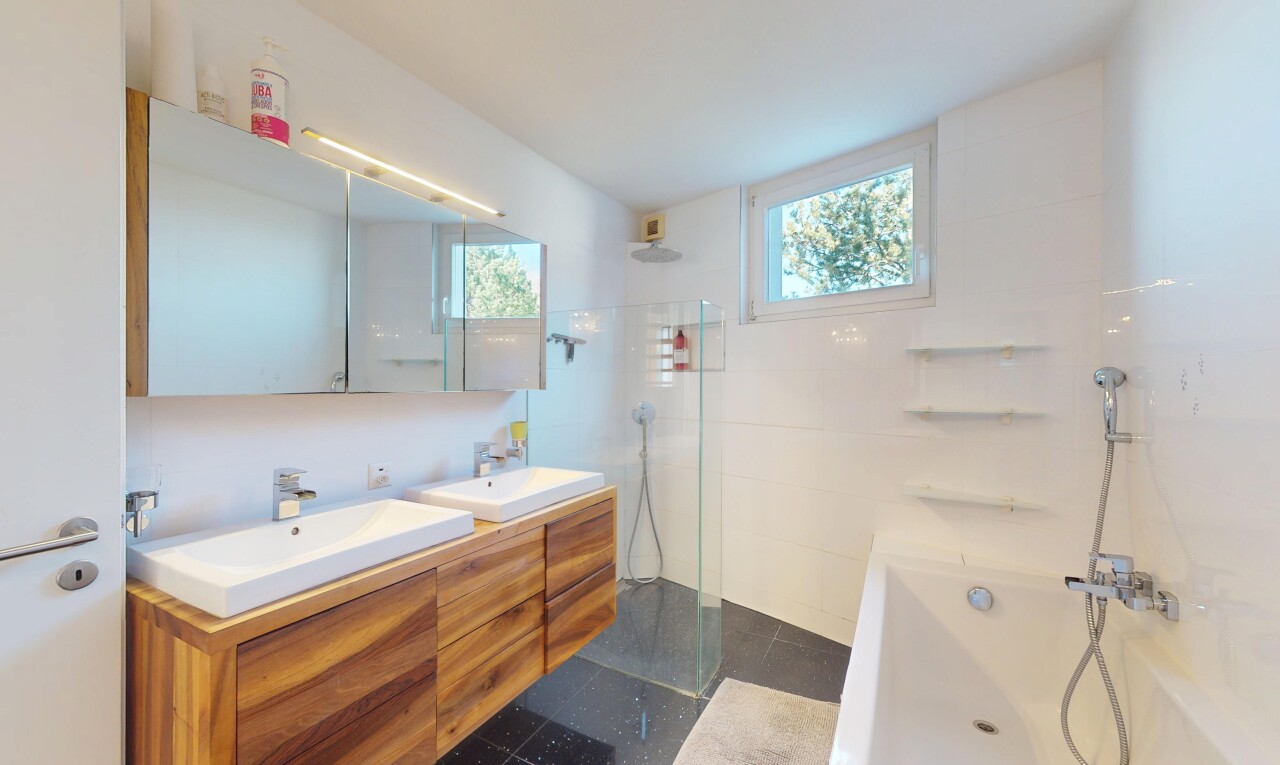 salle de bains avec lumière naturelle, évier, douche, et double vasque
