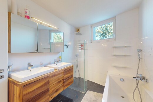 salle de bains avec lumière naturelle, évier, douche, et double vasque