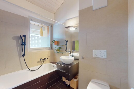 salle de bains avec salle de bain complète, miroir, lavabo (ou coiffeuse selon le contexte), lumière naturelle, et natural light