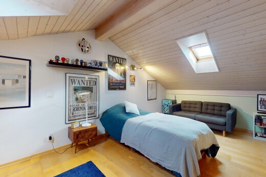 chambre avec plafond voûté, vaulted ceiling, puits de lumière, plafond à poutres, et beamed ceiling