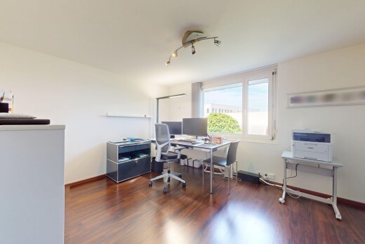 büro mit fernseher, natürliches licht, natural light, holzfußboden, und wood finish floor