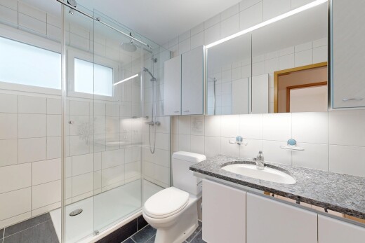 salle de bains avec salle de bain complète, toilette, lavabo (ou coiffeuse selon le contexte), douche, et miroir