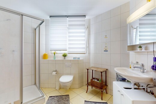 salle de bains avec tile wall, mur en carrelage, salle de bain complète, natural light, et lumière naturelle