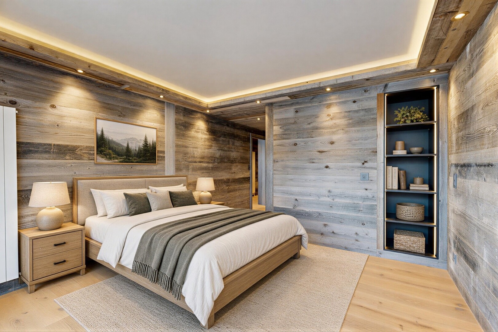 zimmer / schlafzimmer mit inside property, virtually staged, holzfußboden, wood finish floor, und holzwand