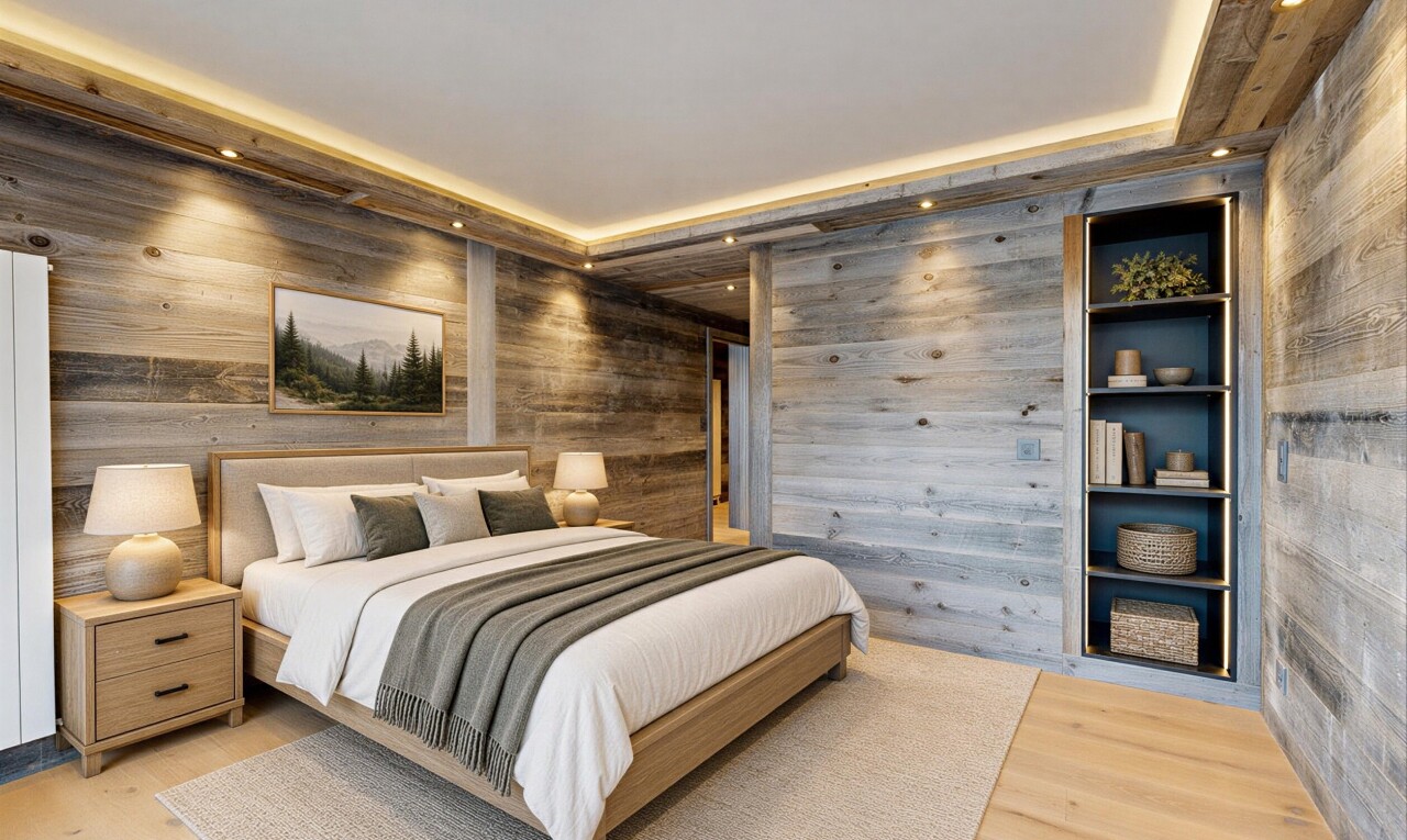 zimmer / schlafzimmer mit inside property, virtually staged, holzfußboden, wood finish floor, und holzwand