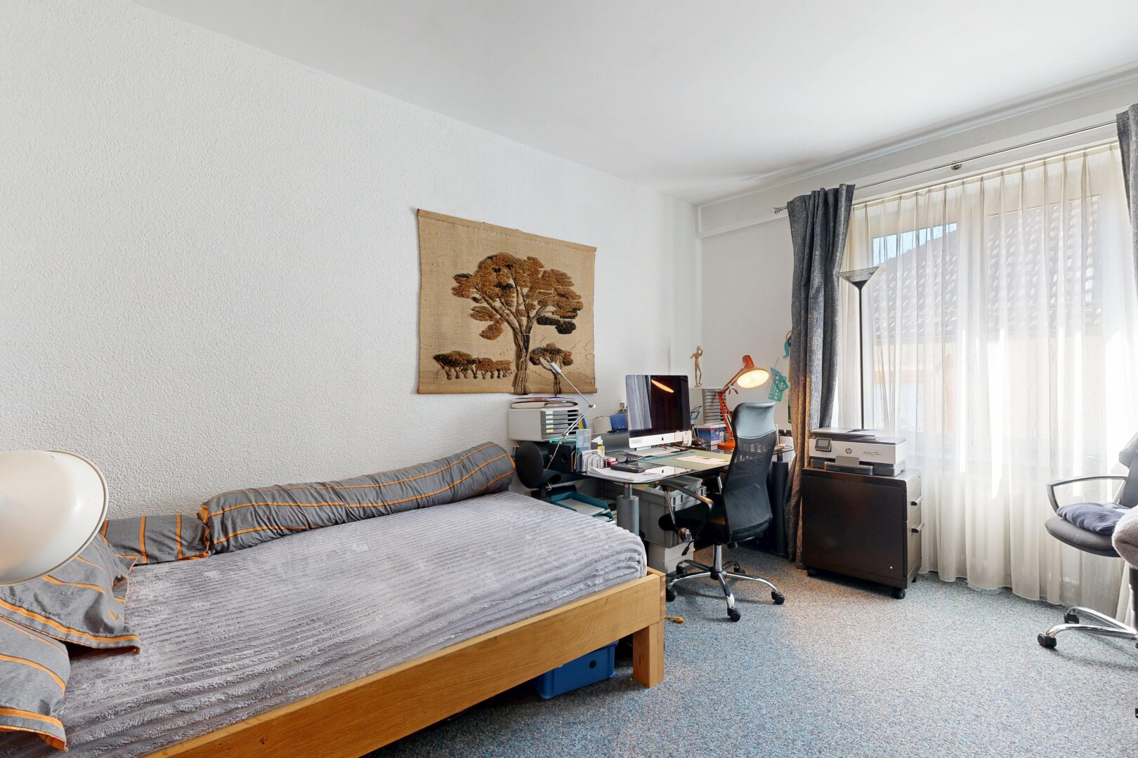 chambre avec moquette, carpet, espace bureau, lumière naturelle, et natural light