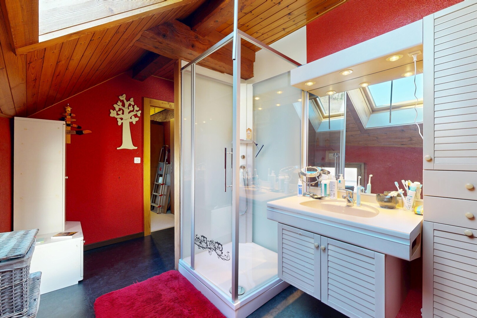 salle de bains avec puits de lumière, lavabo (ou coiffeuse selon le contexte), inside property, douche, et miroir
