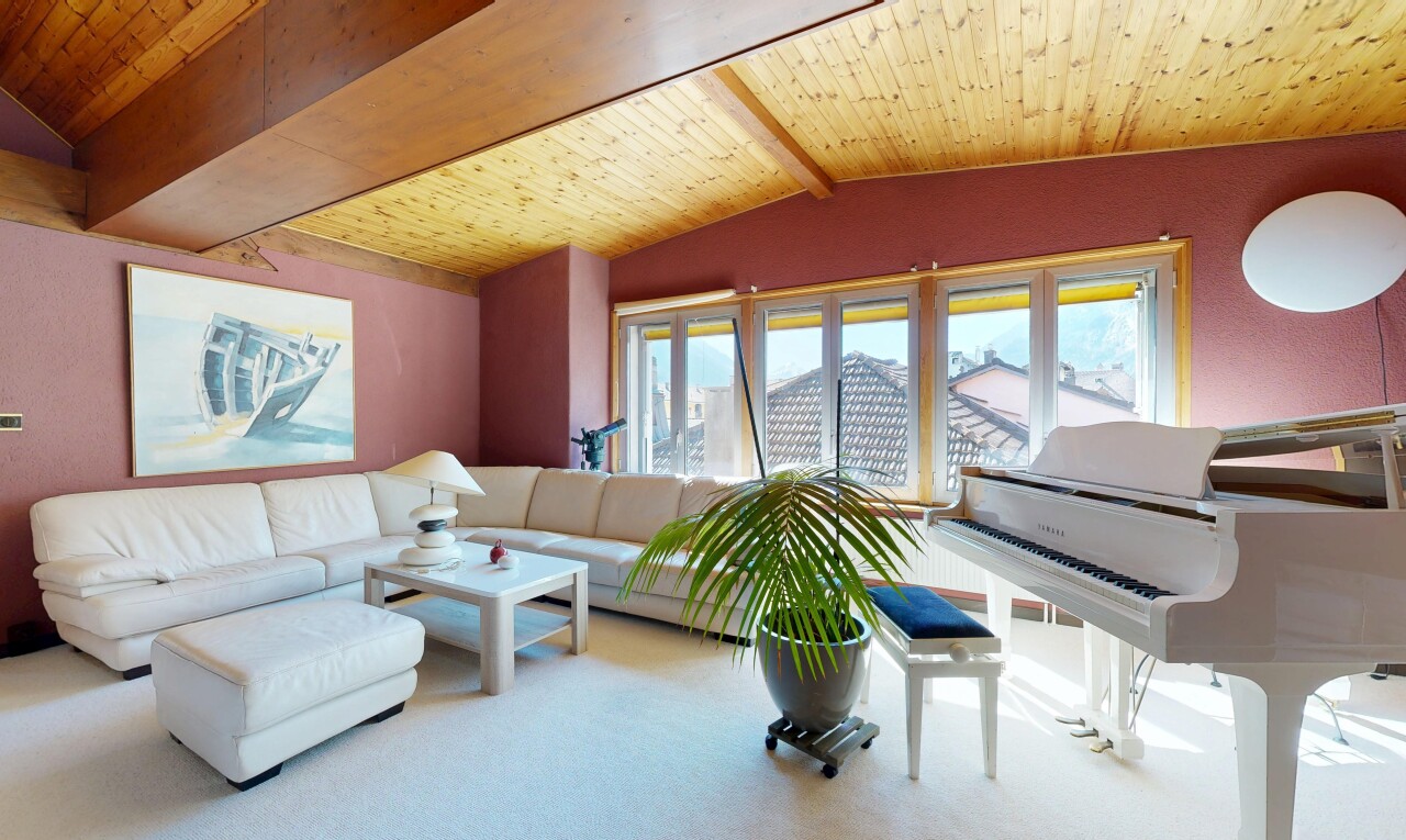 salon avec plafond voûté, vaulted ceiling, plafond à poutres, beamed ceiling, et lumière naturelle