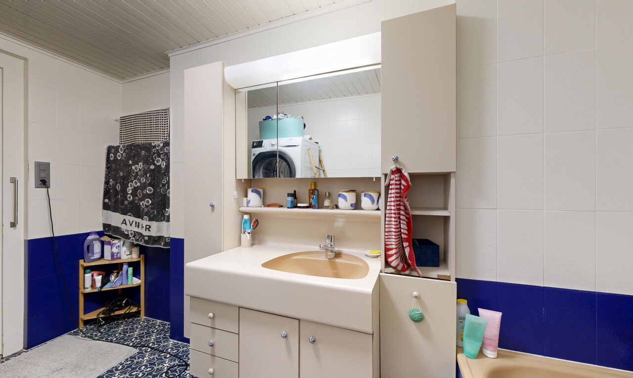 salle de bains avec lavabo (ou coiffeuse selon le contexte), mur en carrelage, tile wall, inside property, et bain