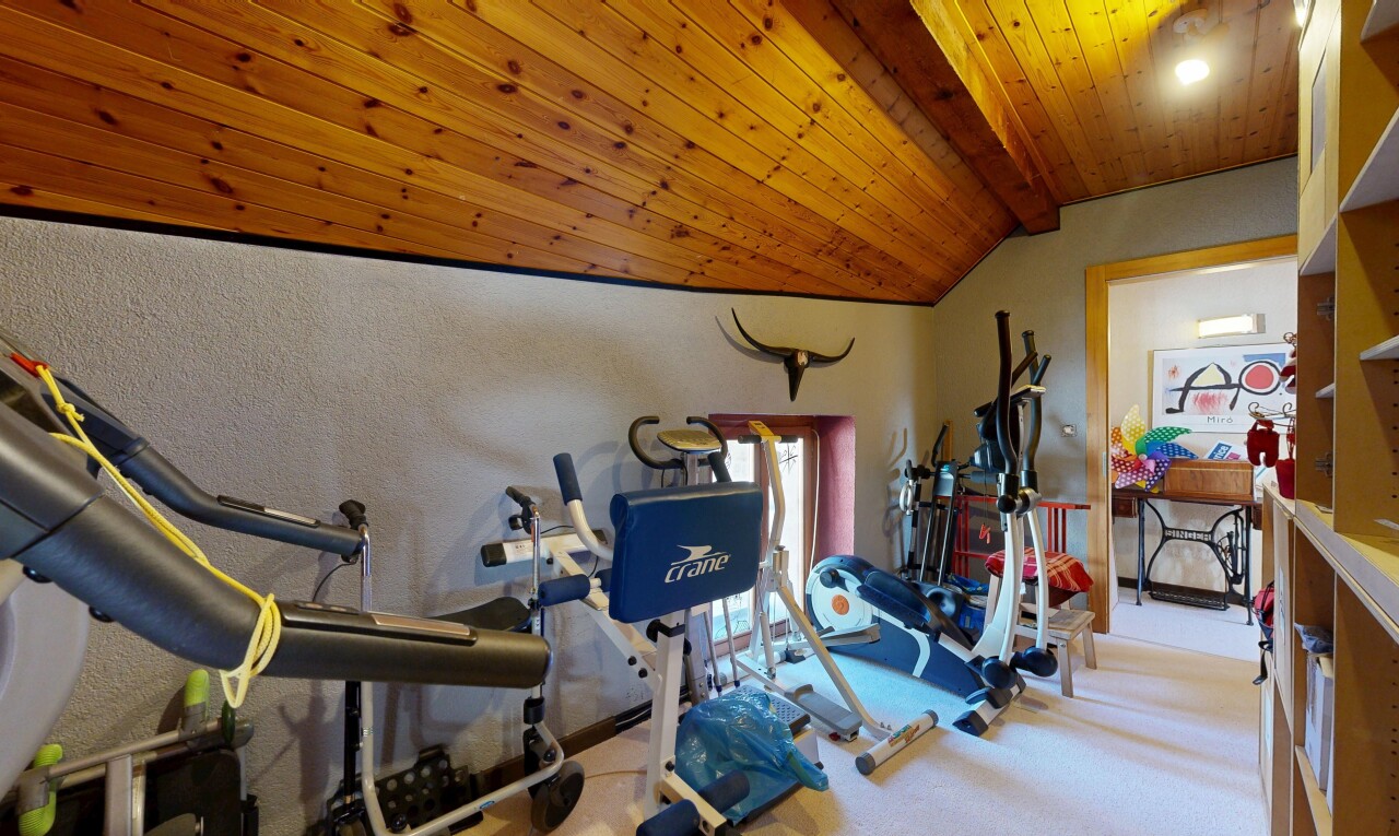 gym avec plafond voûté, vaulted ceiling, plafond en bois, wood ceiling, et inside property