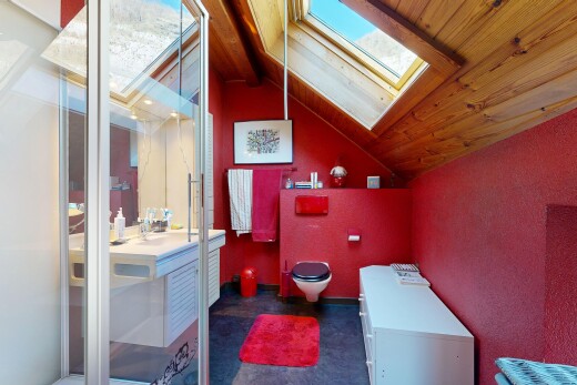 bad mit schminktisch, komplettes badezimmer, dachfenster, inside property, und vaulted ceiling