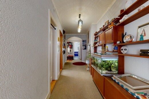 couloir avec passages en arc, moquette, carpet, light floor, et inside property