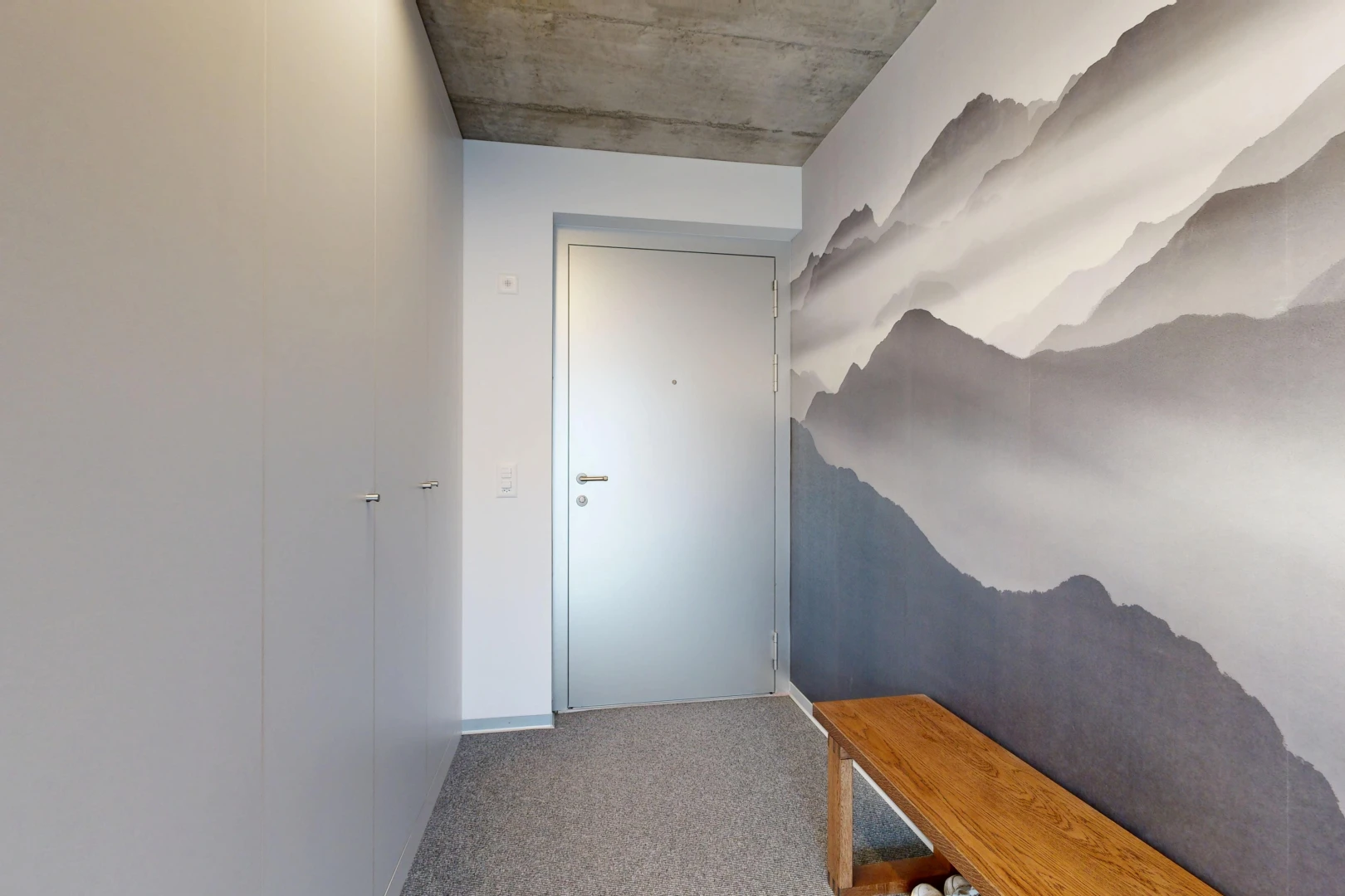 couloir avec plafond en béton, concrete ceiling, cloison sèche, drywall, et moquette