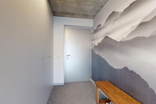 halle / korridor mit betondecke, concrete ceiling, gipskartonwand, drywall, und teppich