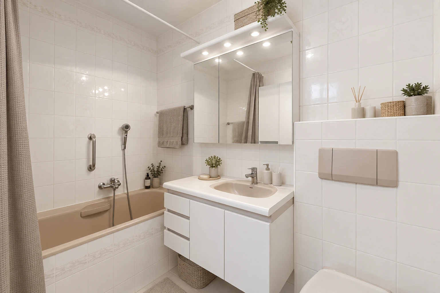 salle de bains avec salle de bain complète, mur en carrelage, tile wall, lavabo (ou coiffeuse selon le contexte), et miroir