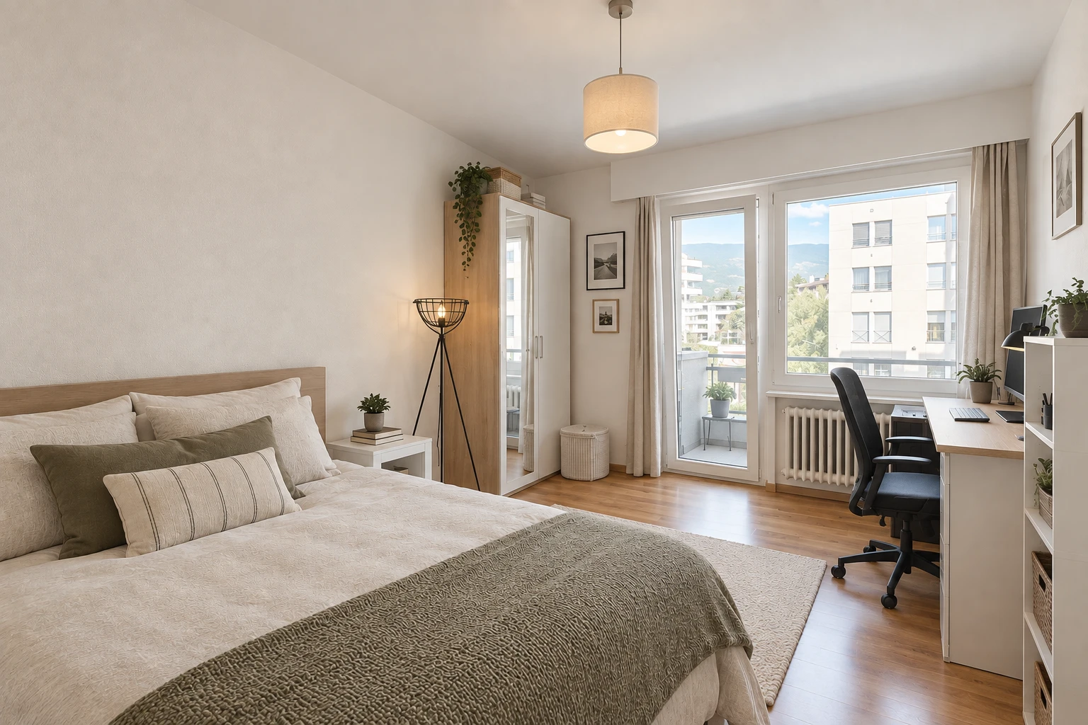 chambre avec radiateur, espace bureau, accès à l'extérieur, inside property, et drywall