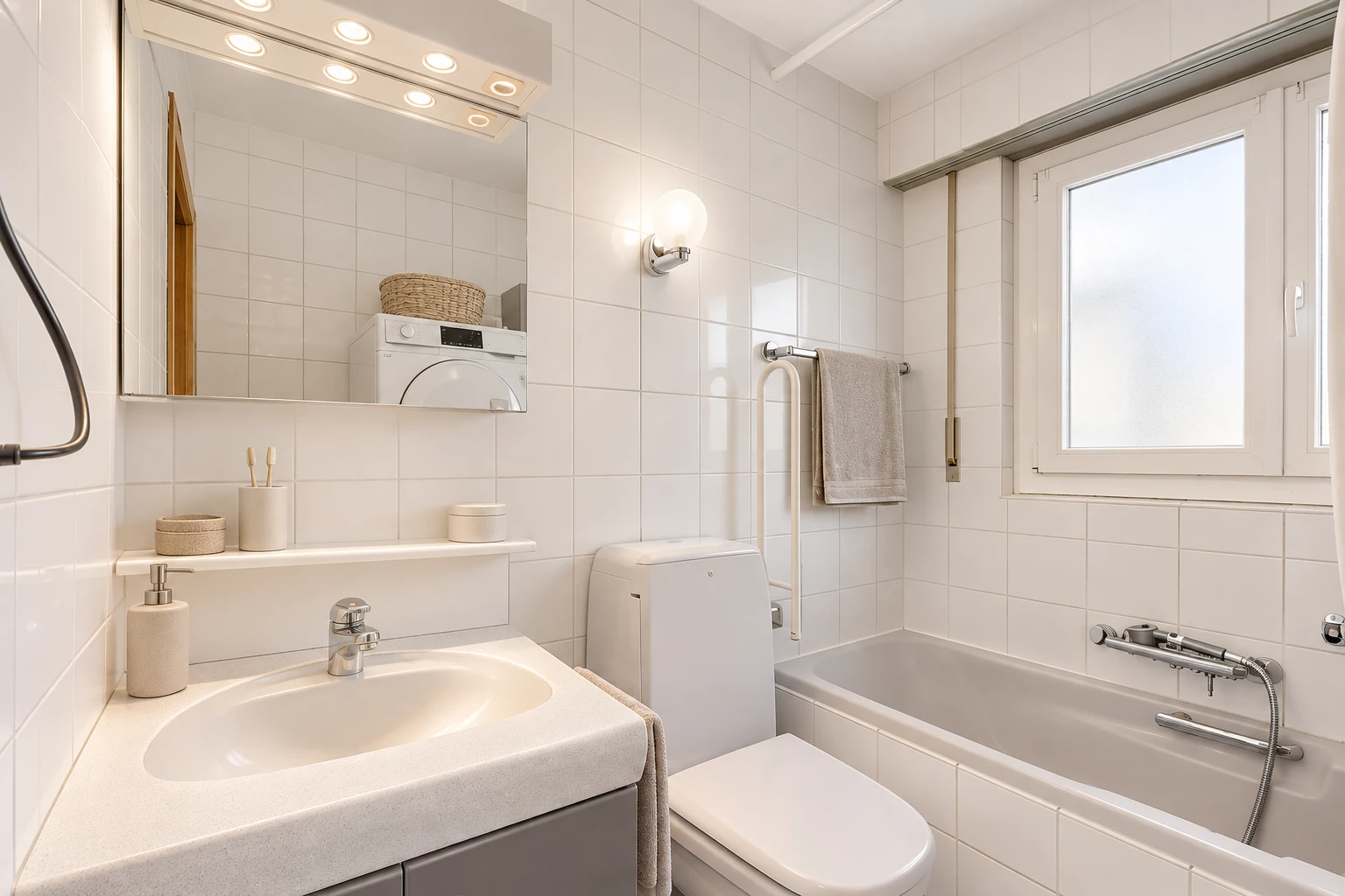 salle de bains avec salle de bain complète, miroir, évier, toilette, et tile wall