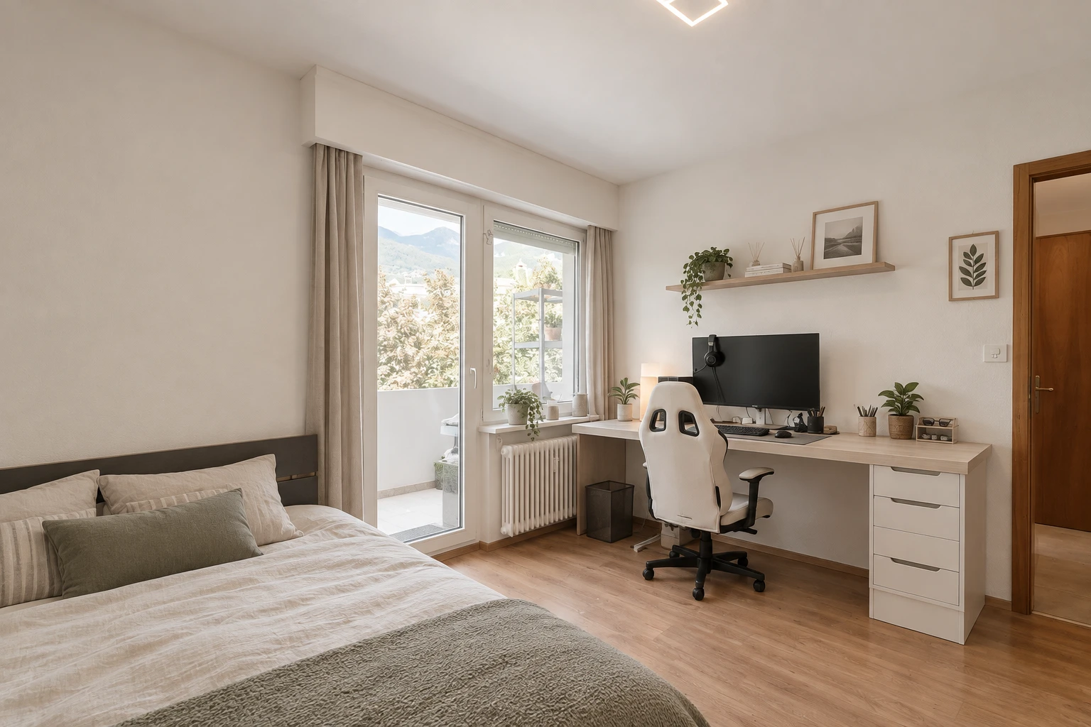 chambre avec drywall, cloison sèche, radiateur, télévision, et wood finish floor