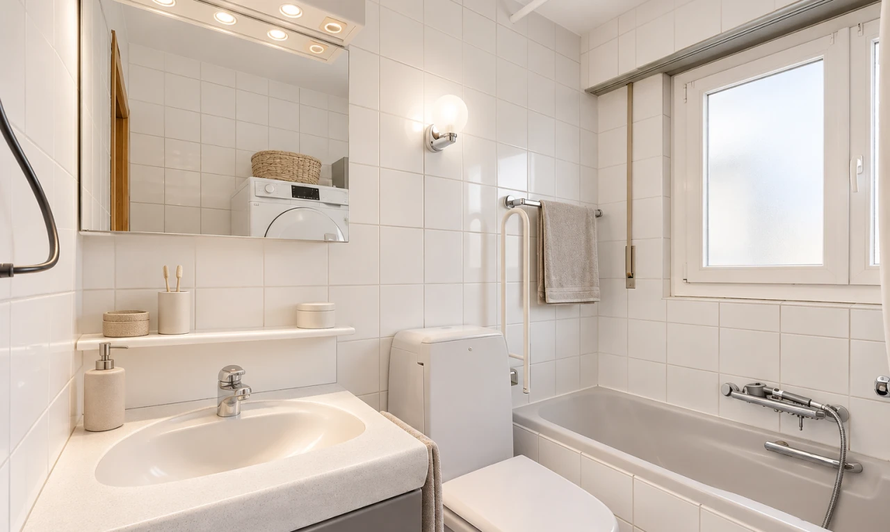 salle de bains avec salle de bain complète, miroir, évier, toilette, et tile wall