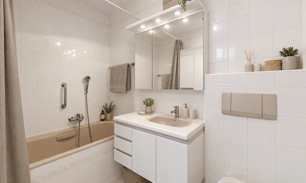 salle de bains avec salle de bain complète, mur en carrelage, tile wall, lavabo (ou coiffeuse selon le contexte), et miroir
